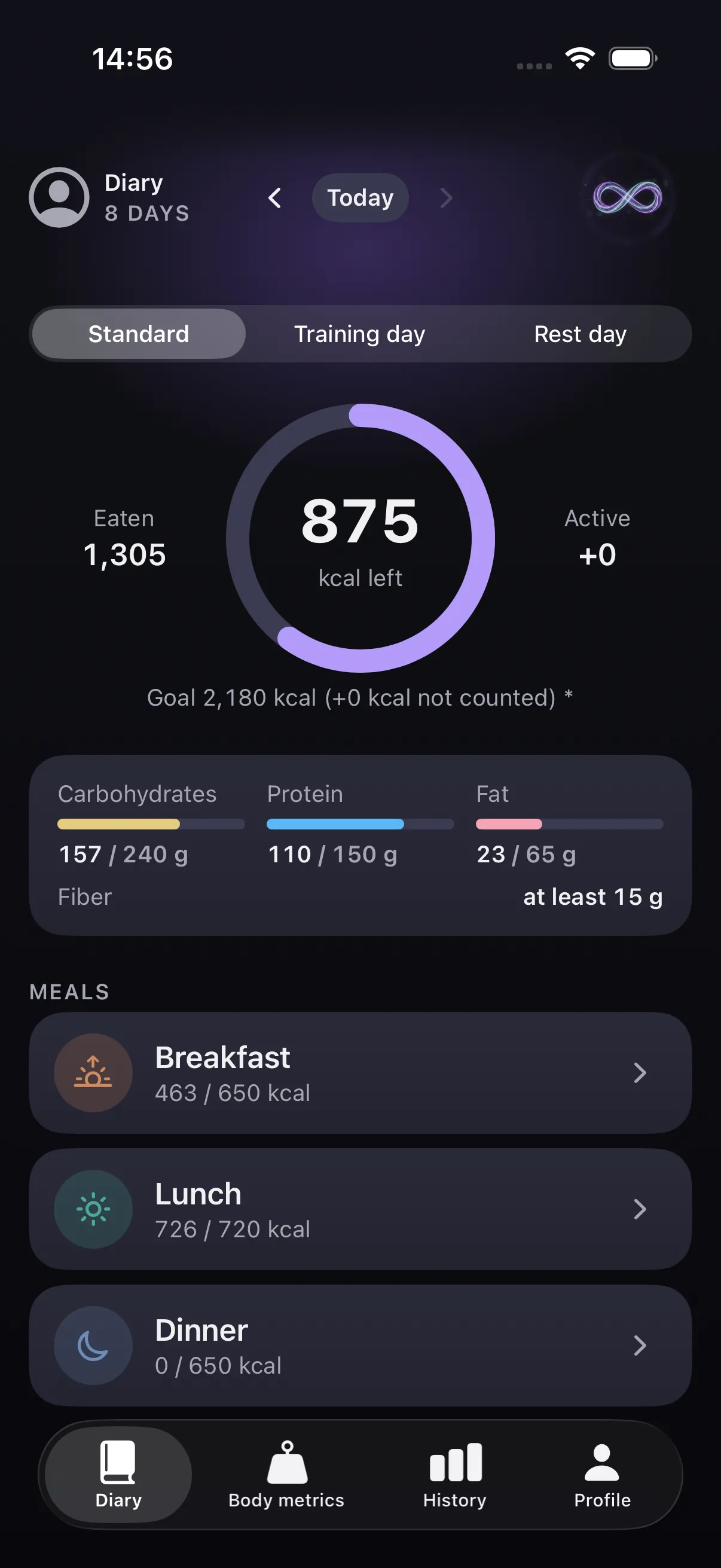 The Today screen of The 8 Protocol with the calorie ring and macro overview in dark design