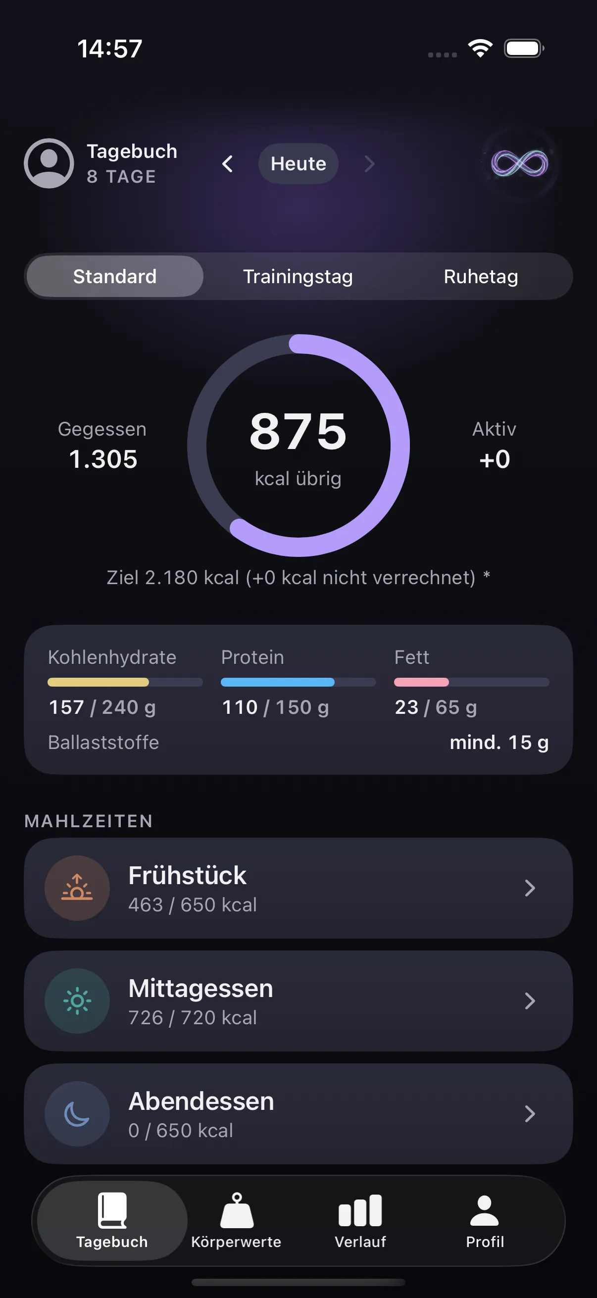 Der Heute-Screen von The 8 Protocol mit Kalorienring und Makro-Übersicht im dunklen Design