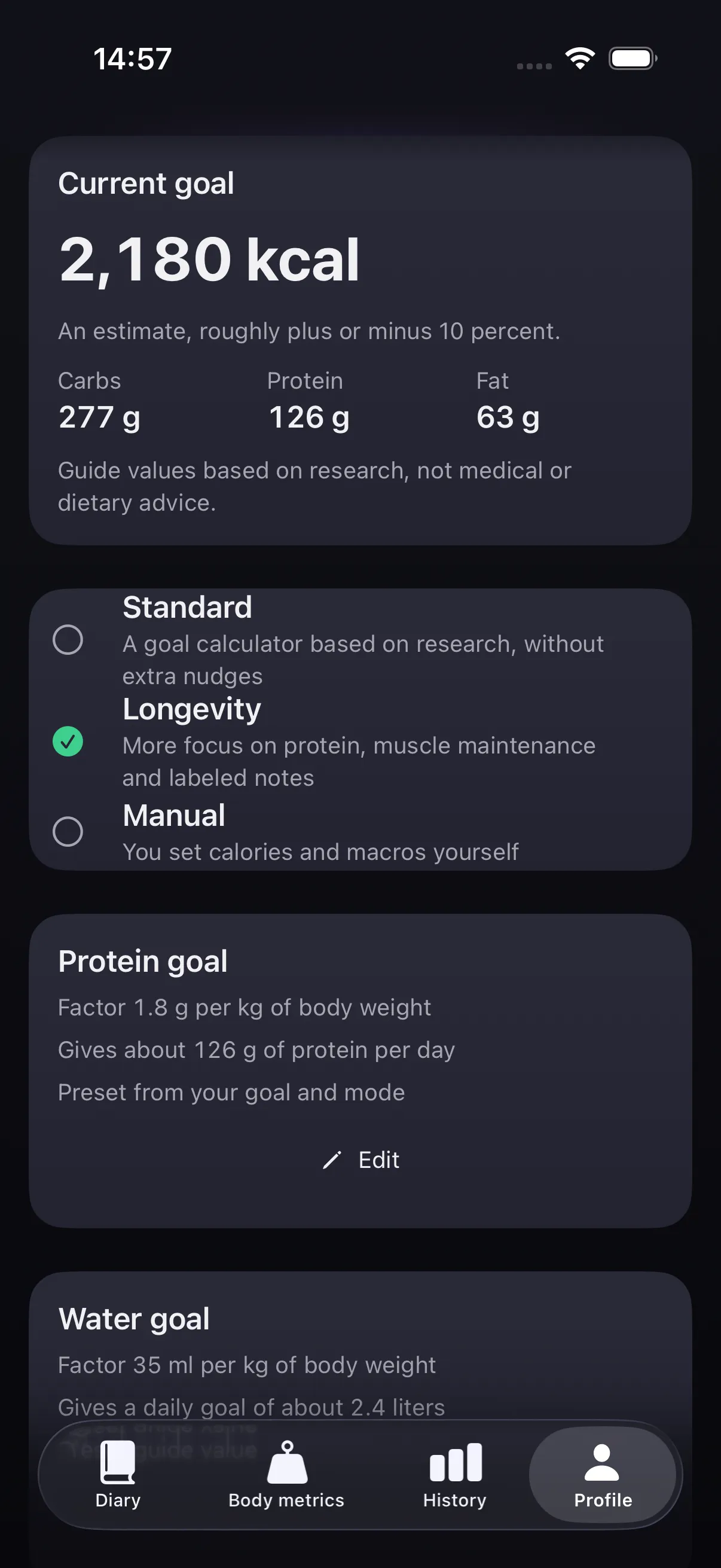 Profile with the goal calculator and the three goal modes