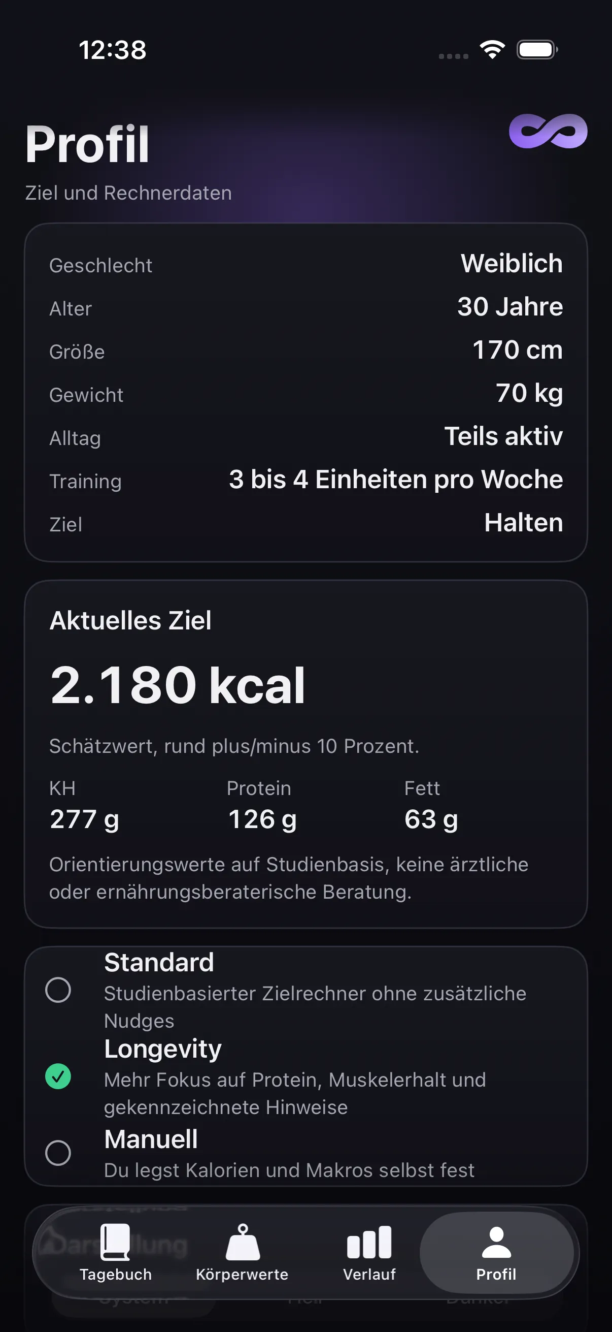 Profil mit Zielrechner und den drei Ziel-Modi