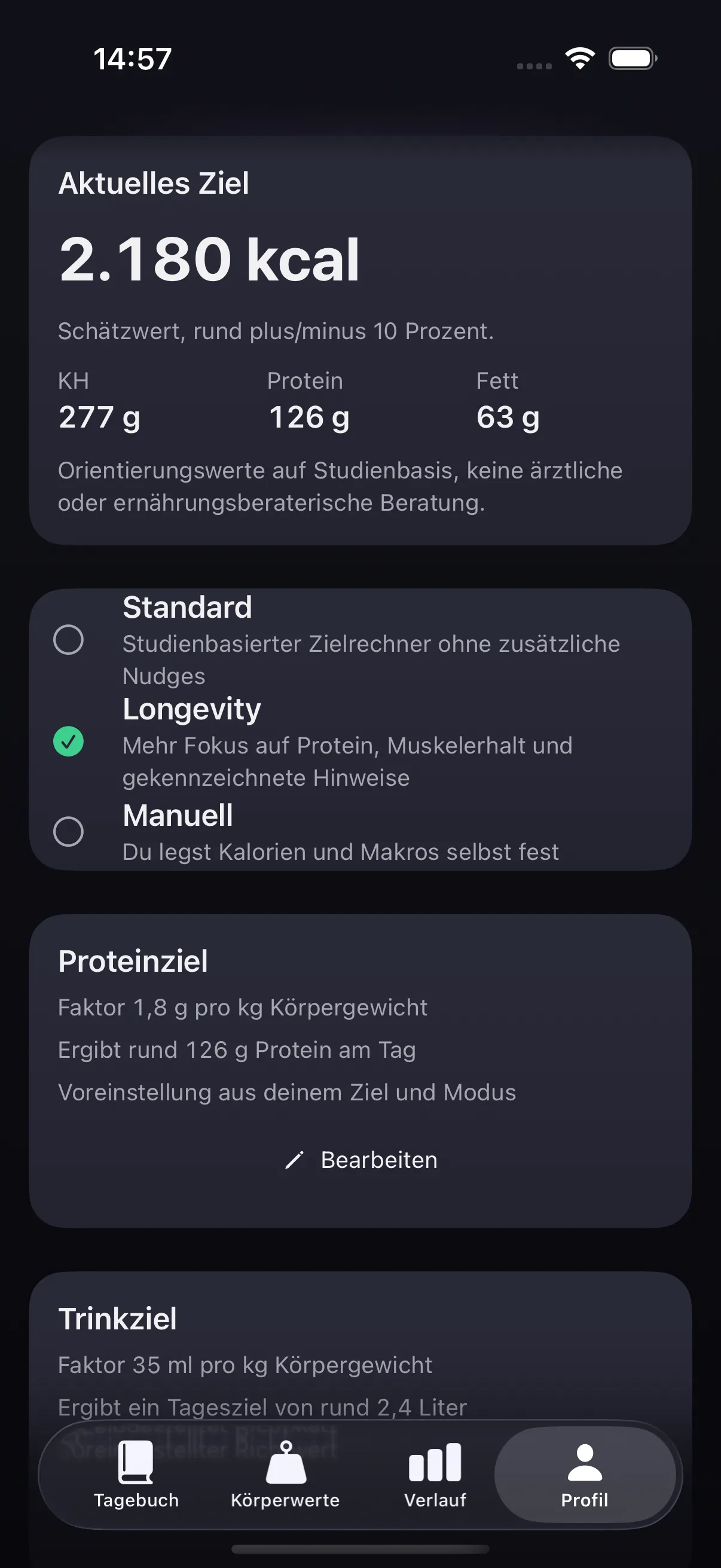 Profil mit Zielrechner und den drei Ziel-Modi