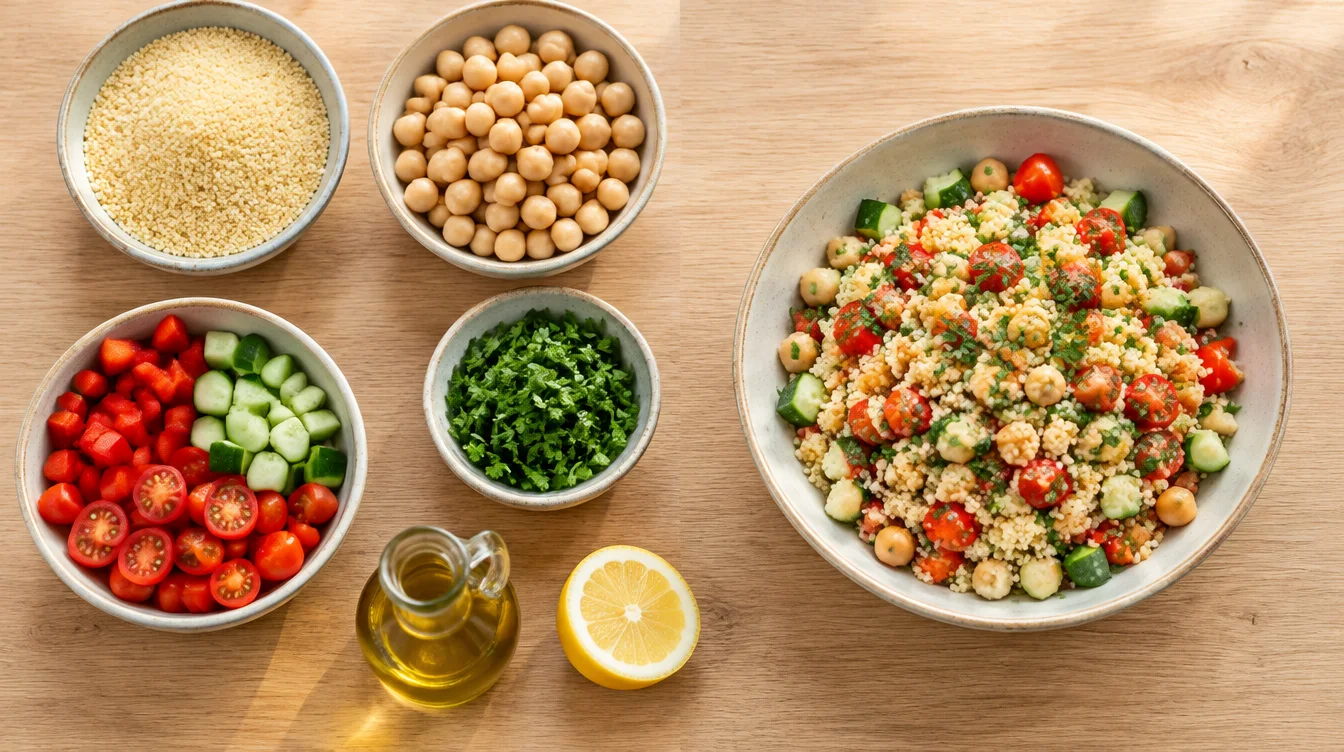 Separate dishes of couscous, chickpeas, vegetables and herbs beside oil, lemon and a finished mixed bowl.