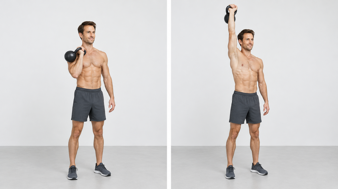 Athletischer Mann um die 40 mit einer Kettlebell in der Rack-Position an der Schulter und anschließend mit gestrecktem Arm über Kopf.