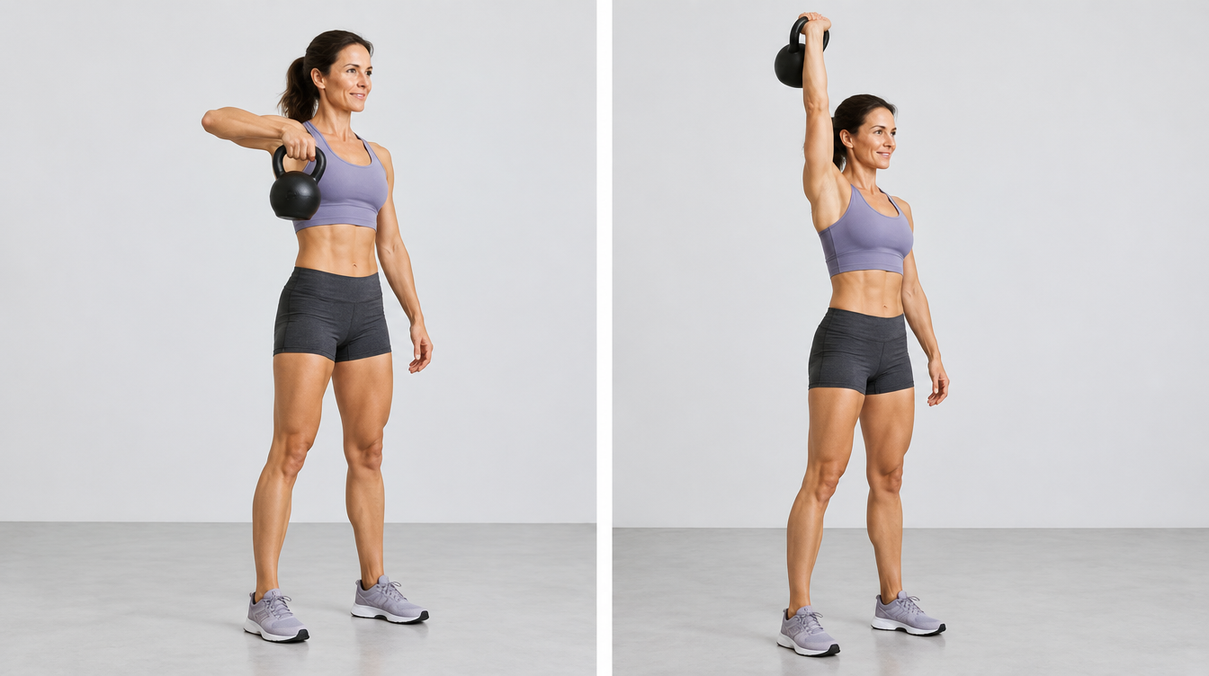 Zwei Phasen eines einarmigen Kettlebell Snatches bei einer sportlichen Frau um die 40: körpernaher Zug und stabile gestreckte Überkopfposition.