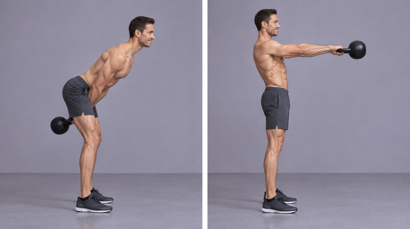 Zwei Phasen des zweihändigen Kettlebell Swings: Hüftbeuge mit der Kugel zwischen den Beinen und aufrechter Stand mit der Kugel auf Brusthöhe.